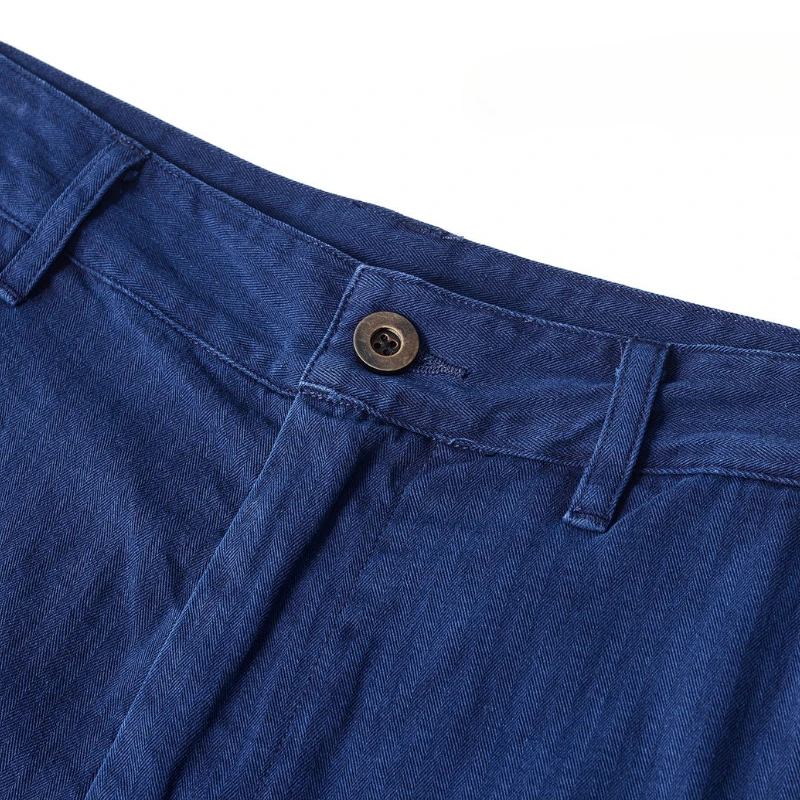 Indigo Blue Dyed Long Pants, Men's Loose Trousers, Retro Straight Leg Casual Trousers, Herringbone Patterned Work Pants