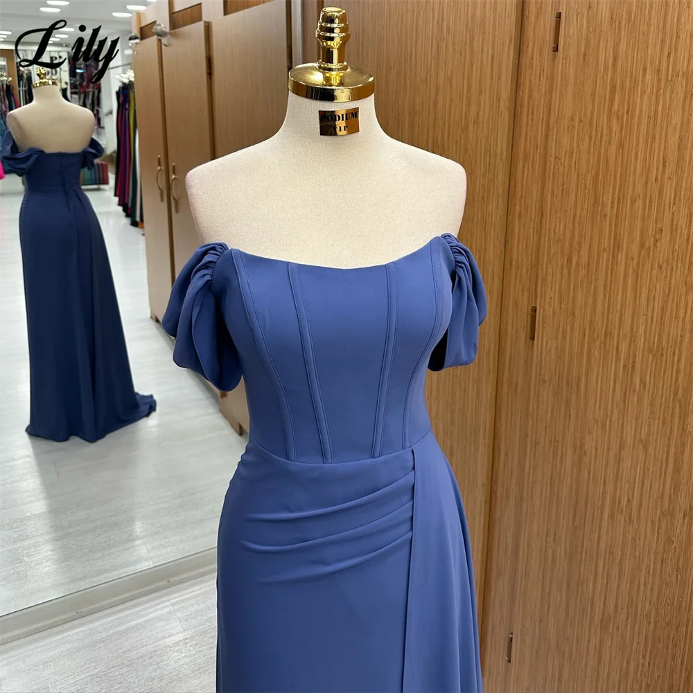 Lily Blue Evening Dress Off The Shoulder Prom Dress Simple Strapless Mermaid Satin Party Dress With Pleats Vestidos De Noche