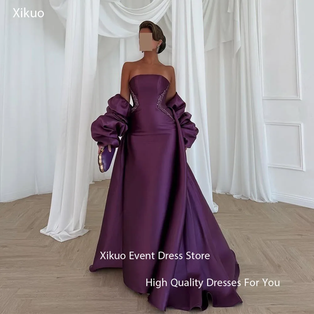 

Xikuo Graceful Purple Satin Evening Dresses Strapless Party Prom Gowns Summer Saudi Arabia A Line Celebrity Dresses Customized