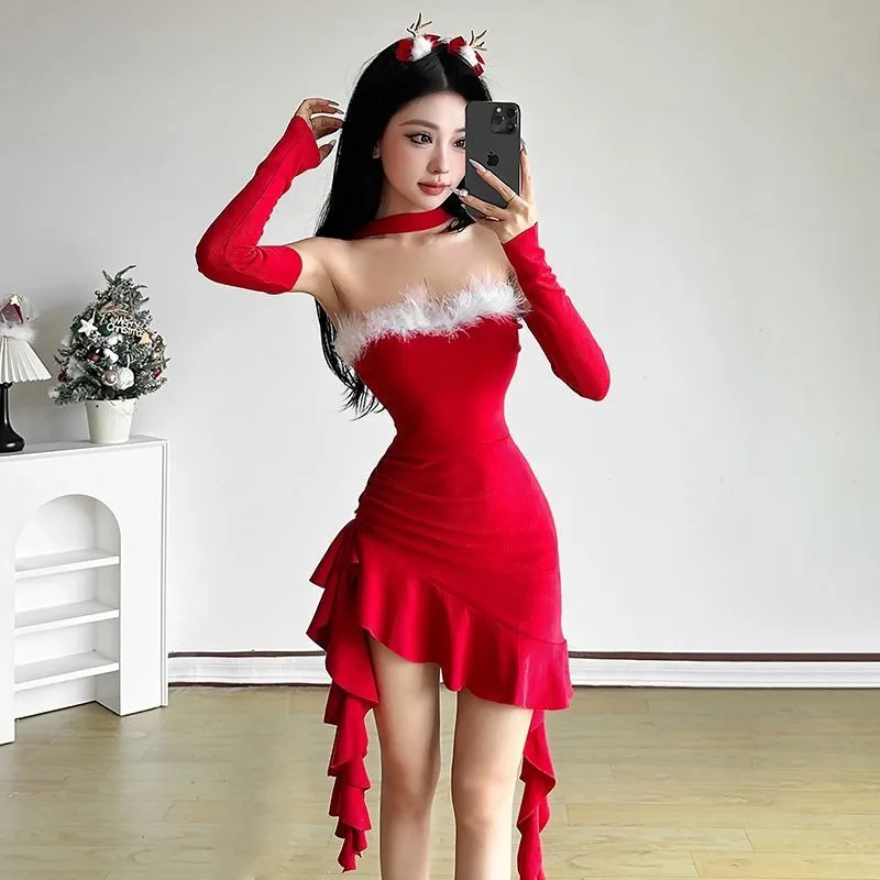 

Christmas Robe Sexy Temperament Ruffled Slim Neck Dress