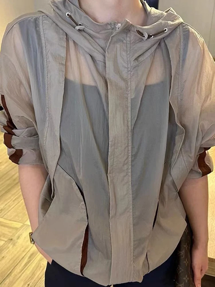 

Korean Sle Color Blo Design Long Sve Casual Hooded Sun Protection irt Loose Fit Dstring Versatile Faionable Out...