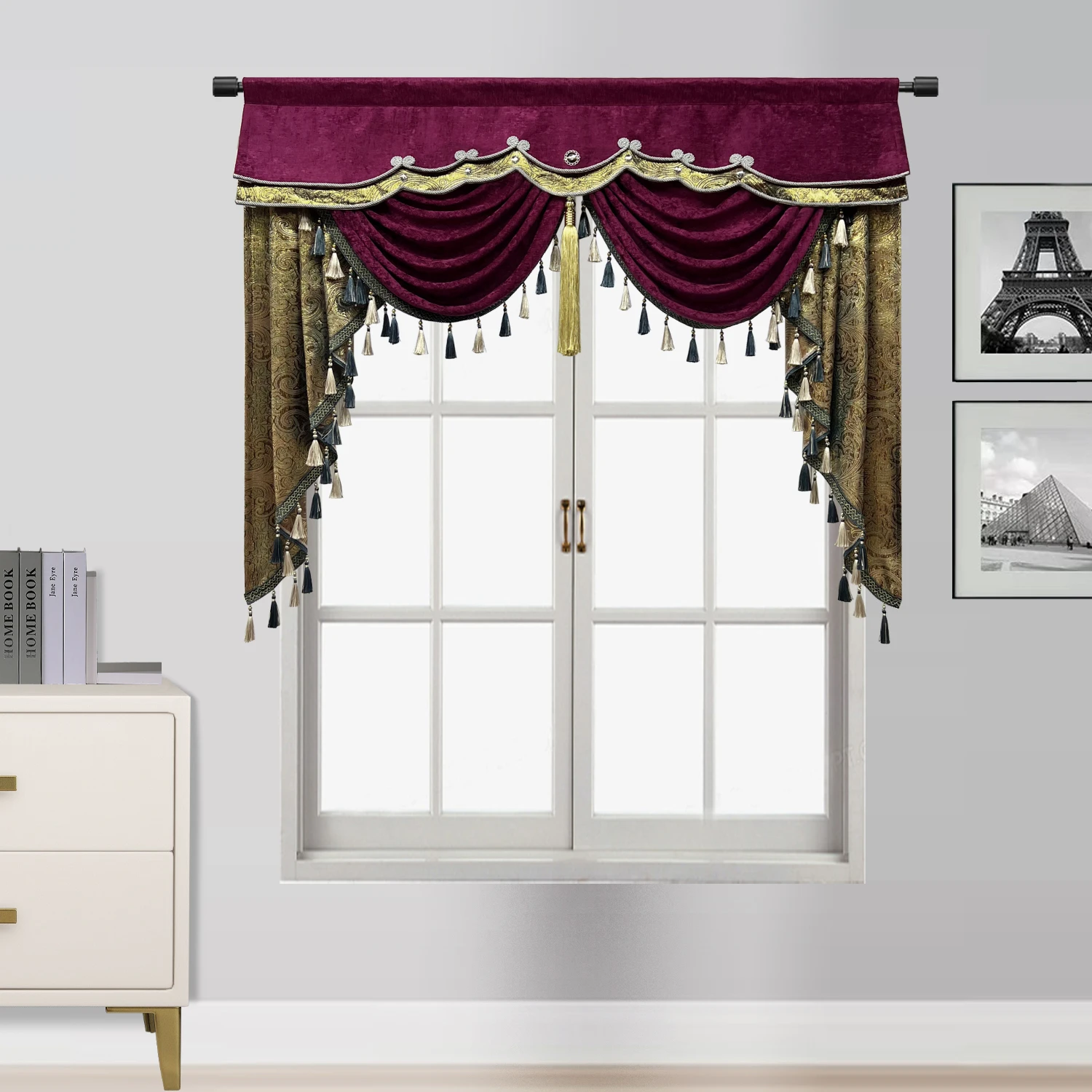 Luxury Burgundy Swag Waterfall Valance with Tassel Trim for Bedroom Living Room Jacquard Window Curtains Rod Pocket Top 1 Panel