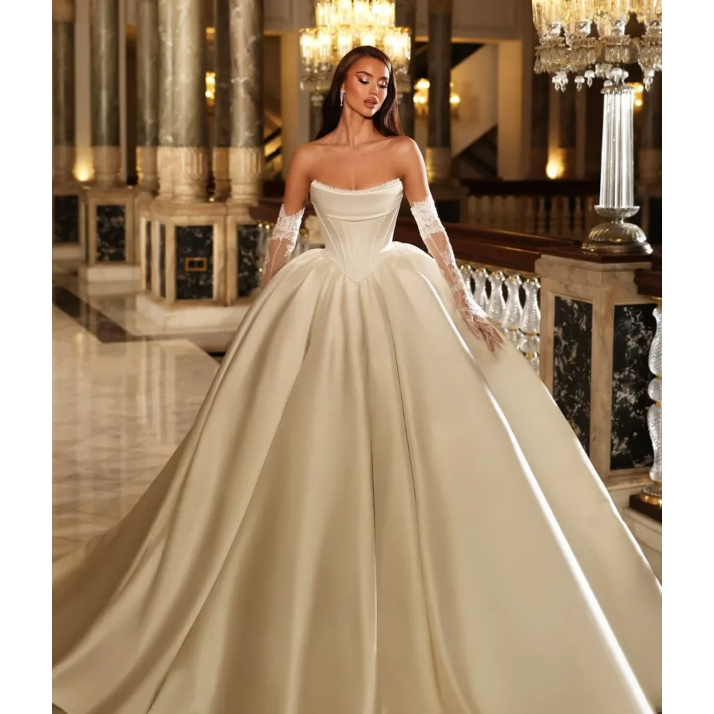 Customized Elegant Satin Princess Ball Dress Tight corset Off Shoulder Wedding Dress A-line Pearl Lace Wedding Dress