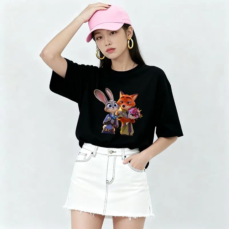 

Zootopia Judy Hopps Nick Wilde Anime Couple 2025 Summer New Casual T Shirt for Women Street Fashion Cartoon Print Cotton Tops