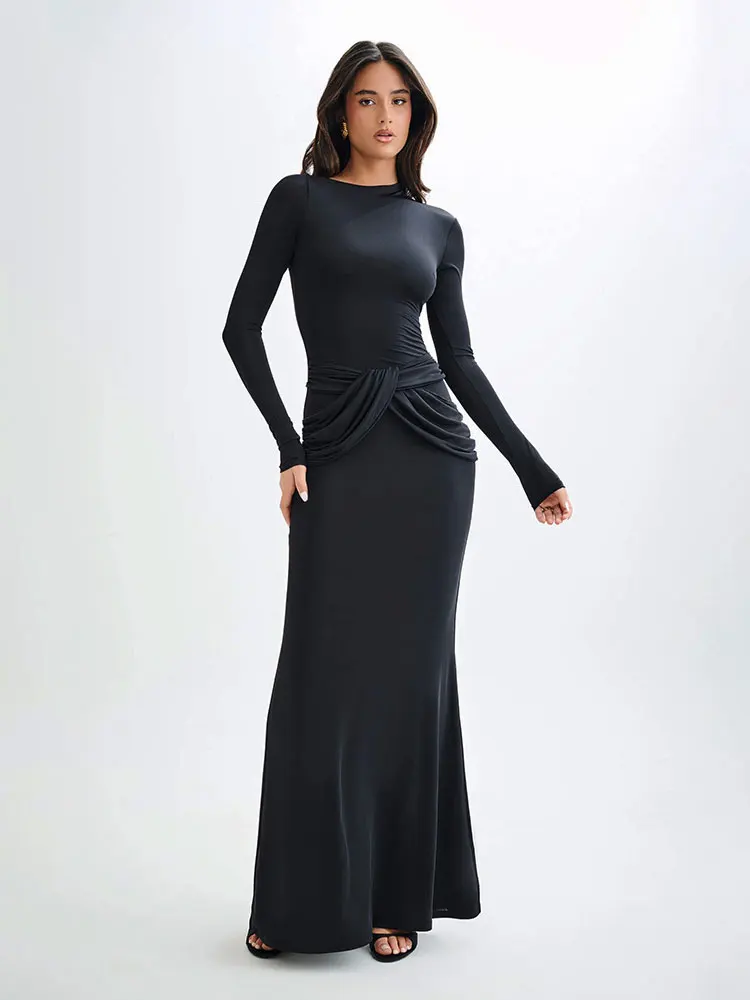 GACVGA Diagonal Collar Long Sleeve Maxi Dress For Women 2024 Autumn Winter New High Waist Ruched Bodycon Sexy Long Dress