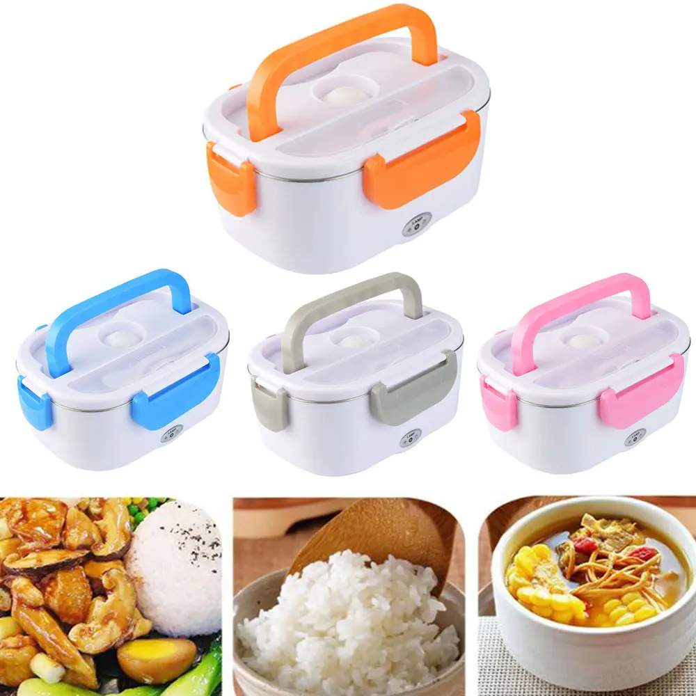 Pink/Blue/Silver gray/Orange Portable Car Electric Heating Lunch Box Stainless Steel Lunch Box 2 in 1 Home Auto Dinnerware Set