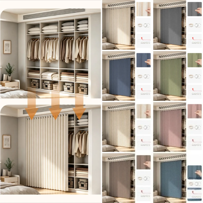 Wardrobe Dust‑proof Curtain Drill‑Free Slide Rail Cabinet Utility Room Privacy Cover For Storage Cabinet Hide Household Clutter