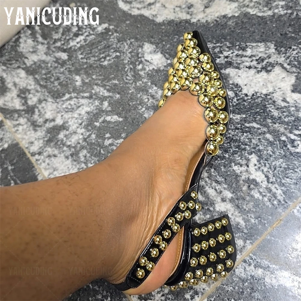 

Metallic Beaded Slingback Pumps Pointed Toe Chunky Heel Rivet Sphere High Heels Designer Style Luxury Handmade Women Block Heels