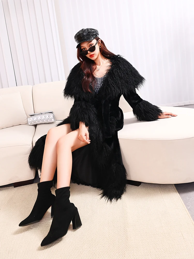 Nerazzurri Winter Extra Long Luxury Elegant Warm Soft Black Faux Fur Coat Women with Fake Fox Fur Trim Luxury Designer Clothes