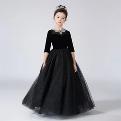 Dideyttawl O-Neck Dress For Girl Rhinestone Shiny Tulle Flower Girl Dresses Half Sleeves Kids Birthday Formal Princess Gowns