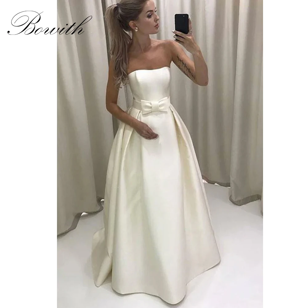 

Bowith Simple Wedding Dresses Customized Strapless Bow Satin Corset Back Bridal Gown Wedding Party Dresses vestidos de novia
