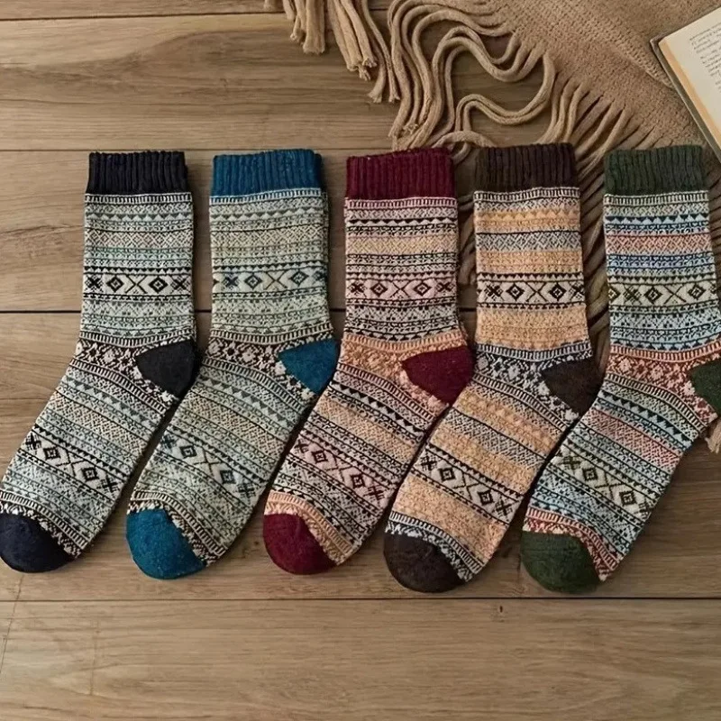 5 pares de calcetines de tubo medio a rayas retro, botas de nieve de moda, calcetines cálidos multifuncionales casuales para exteriores, otoño e invierno