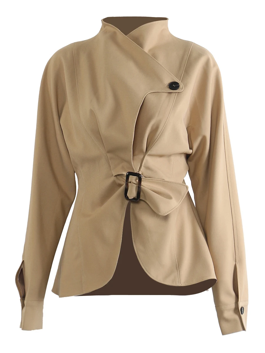 เสื้อโค้ททรงสลิมแบบมีจีบแต่งผ้าต่อกัน แบรนด์ TWOTWINSTYLE สำหรับผู้หญิง คอตั้ง แขนยาว แต่งเข็มขัด สไตล์เรียบหรู