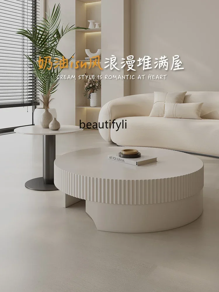 

1184Cream Style round Tea Table Light Luxury Modern White Living Room Home Coffee Table Small Apartment