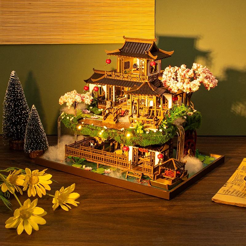 DIY Drewniane Domki dla Lalek w Stylu Bajkowym Miniaturowe Zestawy Modelarskie Chiński Starożytny Domek dla Lalek z Meblami Puzzle 3D na Prezent dla Przyjaciół