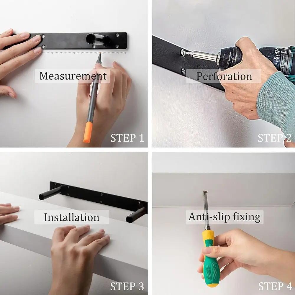 مجموعة من رفوف خشبية عائمة مثبتة على الحائط مقاس 35 وات × 7D باللون الأبيض مع دعامات مخفية لديكور المنزل والتخزين