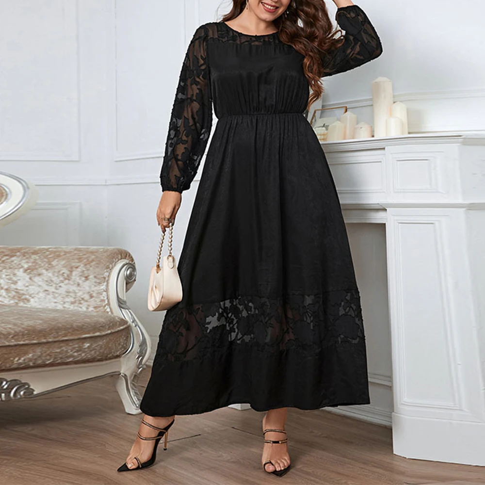 Plus Size Lace Women Long Sleeves O Neck Patchwork A Line Party Dress Autumn Winter Female Elegant Evening Night Gown Dresses