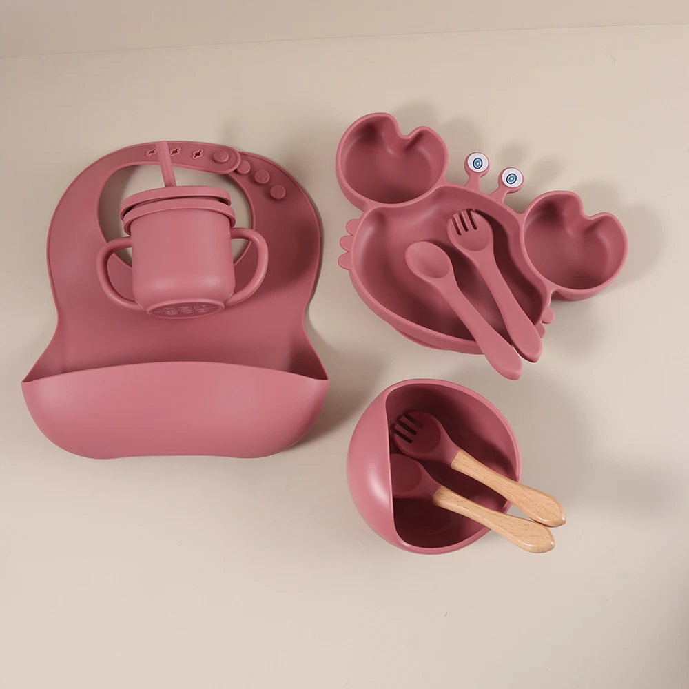 8pcs/ set silicone suction bowl plate spoon fork bibs cup set baby feeding tableware cute cartoon crab