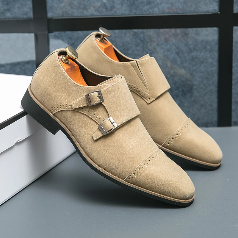 Fashion Luxury Dress Leather Men's Shoes Monk Suede Leahter Buckle Strap Business Office Party Wedding Shoes Man Free Shipping