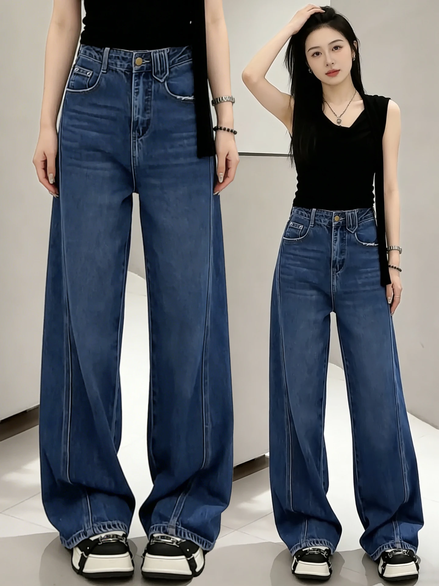 

Retro Fleece Wide Leg Jeans Women's Autumn Winter High Waist Loose Casual Slim Straight Floor-Length Pants