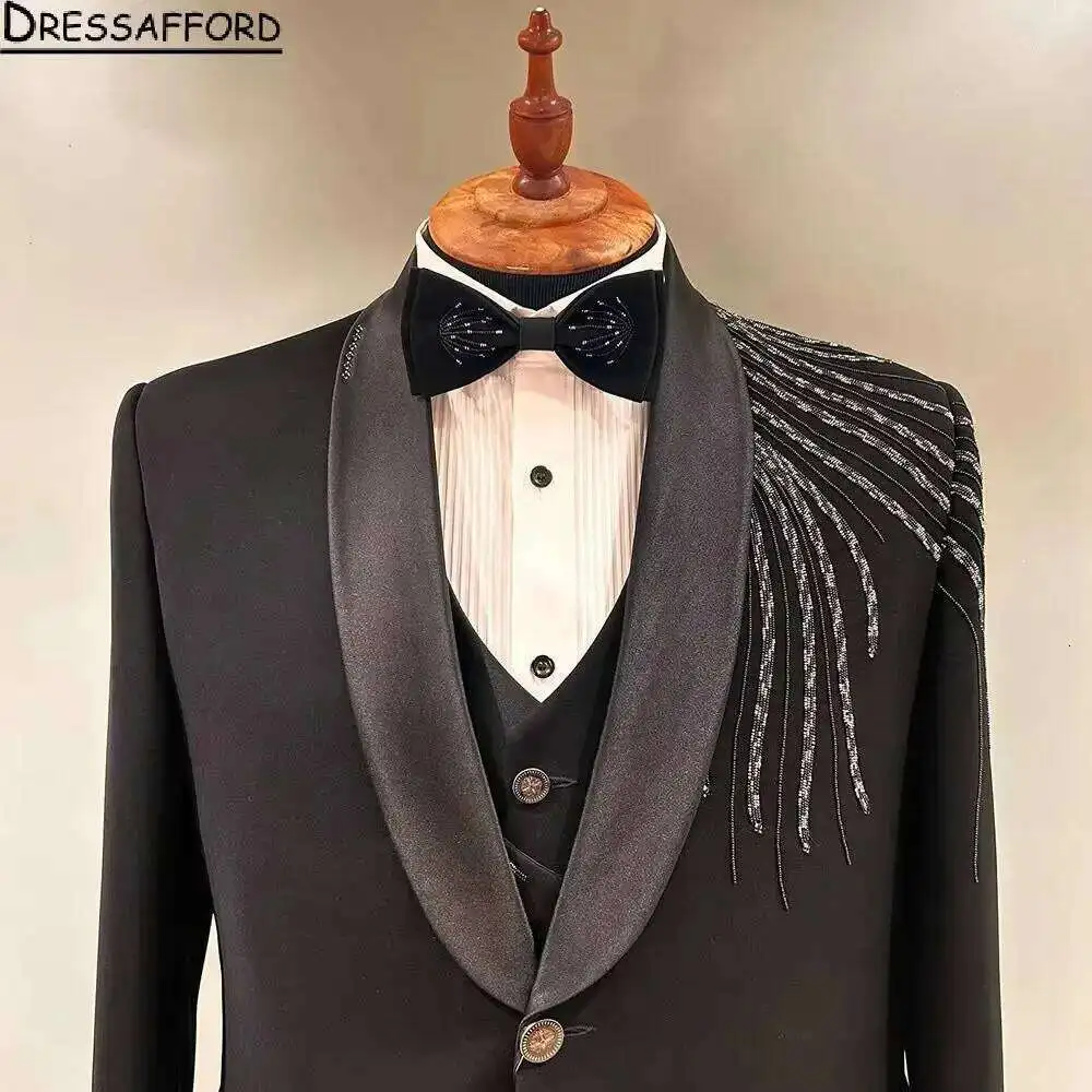 Crystal Beading Groom Wedding Tuxedos 2 Pieces Formal Suits Men Custom Made Black Prom Blazer Sets Male Fashion