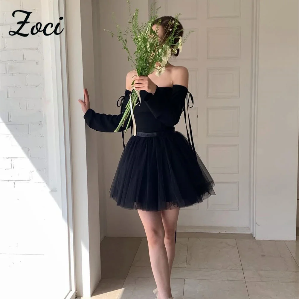 

Zoci 3 Styles Black Short Korea Evening Dresses Strapless Long Sleeves Mini Dress Photos Shoot Customized Backless Party Gown