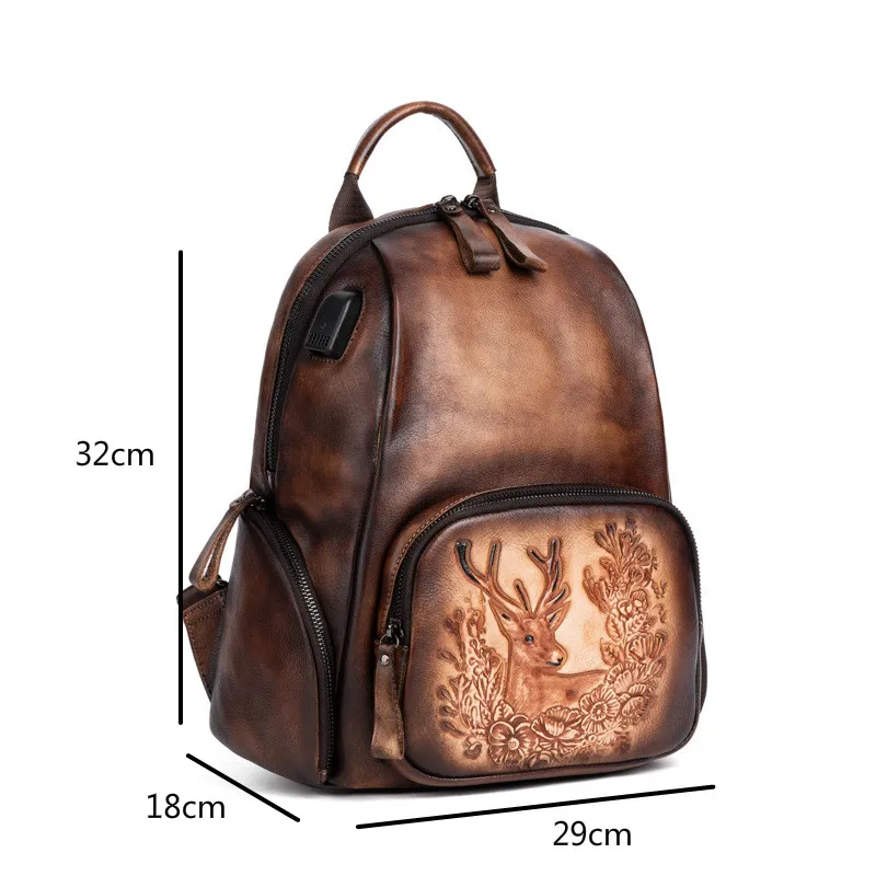 Johnature Vintage Bag Handmde Embossing Women Cowhide Backpack 2024 New Genuine Leather Large Capacity Leisure Travel Bags