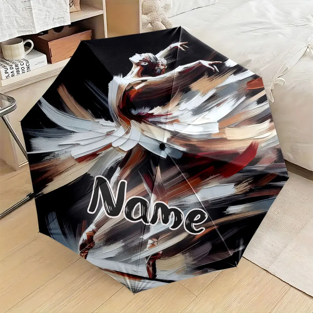 Custom Name Umbrella, Elegant Ballet Dancer Art Umbrella with Abstract Brush Strokes Folding Umbrella for Sunny and Rainy,Gift