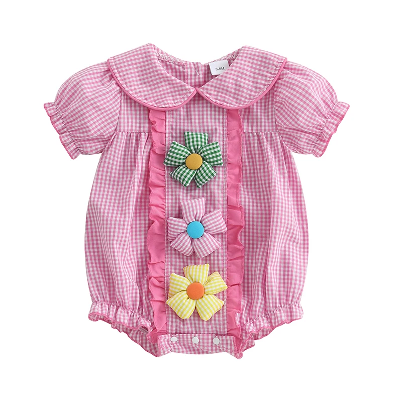 Peleles para niñas pequeñas, decoración de flores, cuello de muñeca a cuadros, monos infantiles de manga corta, monos para ropa para recién nacidos