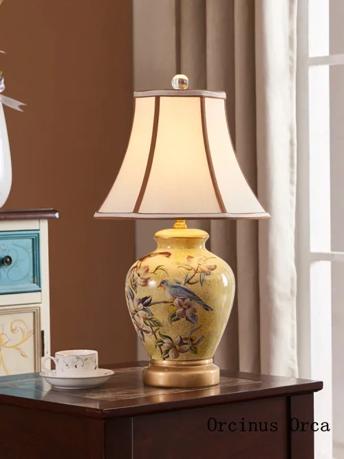 American Rural Handpainted Table Lamp Living Room Bedroom Bedside Lamp New Chinese Color Ceramic LED Table Lamp