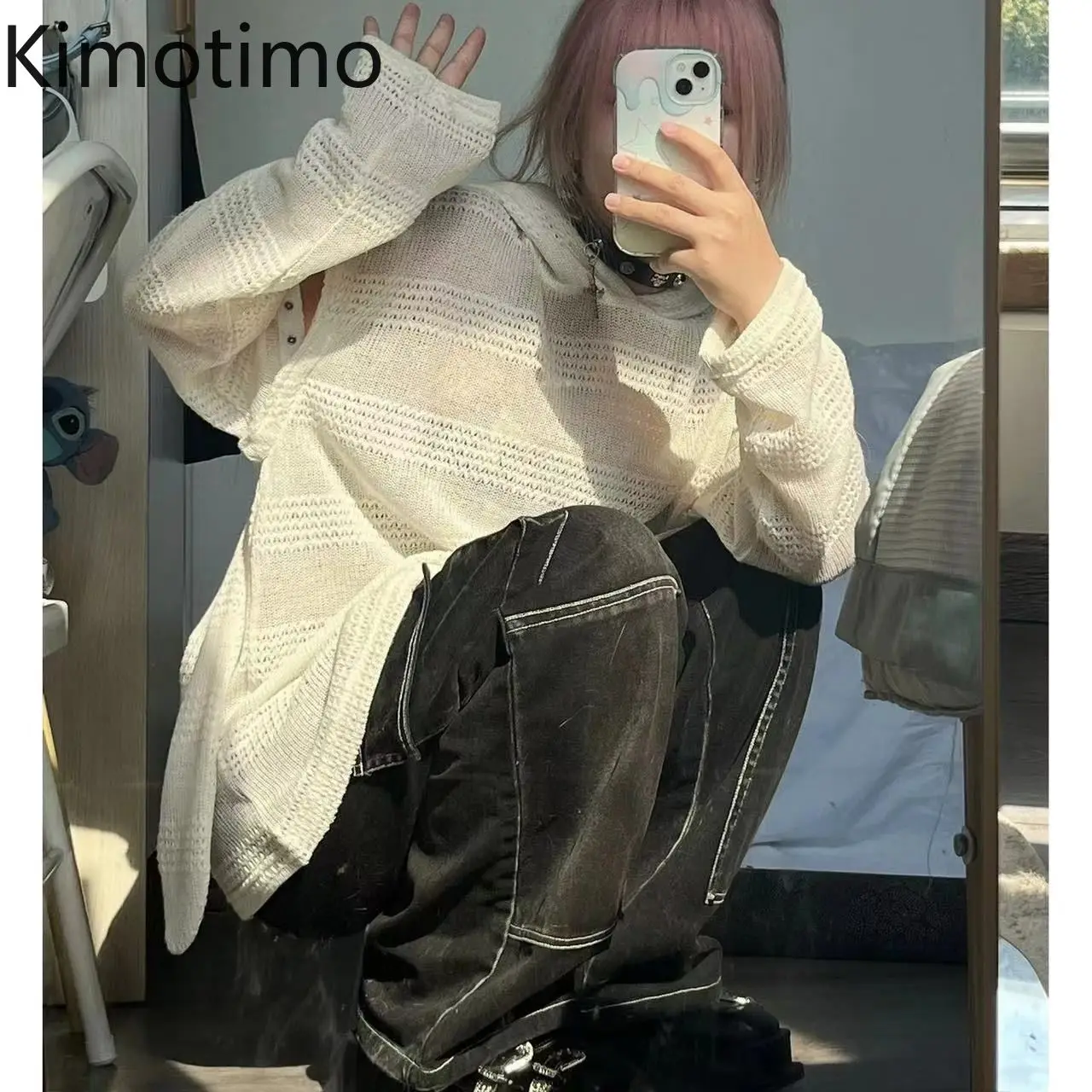 

Kimotimo вязаный пуловер с капюшоном и кроличьими ушками, женский осенний свободный прозрачный свитер со съемными рукавами, готический топ Y2k Ins