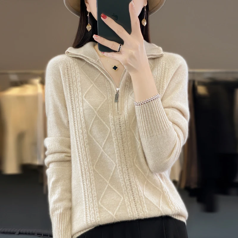 100% Merino Wool Women\'s Turtleneck Sweater Autumn Winter Casual Knit Loose Top Fashion Zipper Half Open Neck Cashmere Pullover