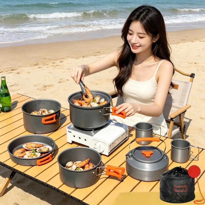 10PCS Camping Cookware Set Outdoor Cooking Ultralight Aluminum Pot Kettle Portable Travel Tableware With Storage Bag