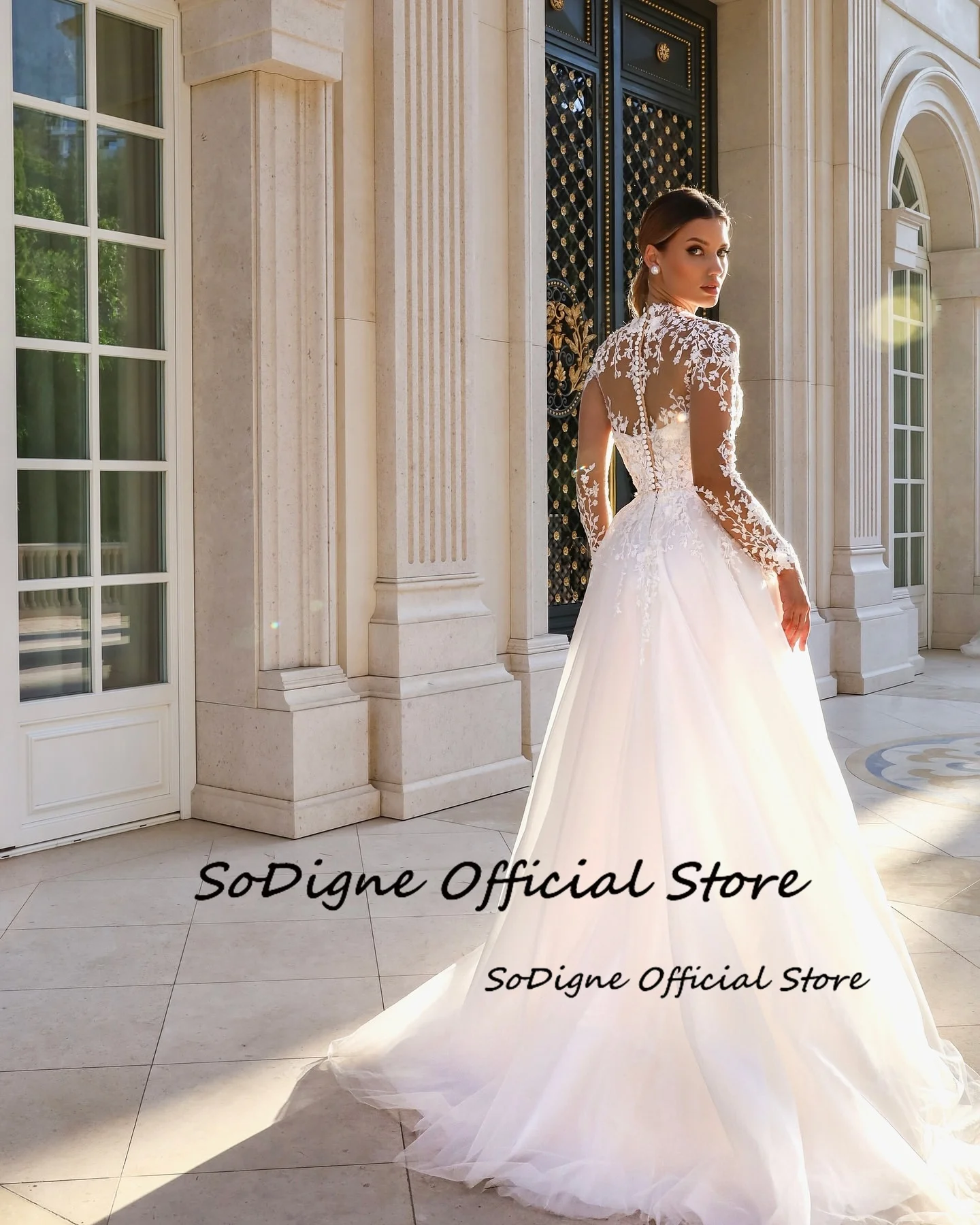 SoDigne A-line Appliques Wedding Dresses High Neck Full Sleeves Bridal Dress Long Wedding Gown Robe De Mairee ﻿Customized