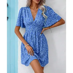 Fashion V Neck Mid Sleeve Printed High Waisted Floral Short Sleeved Women's Dresses EsSummer Simple Elegant Female Pleated Dress