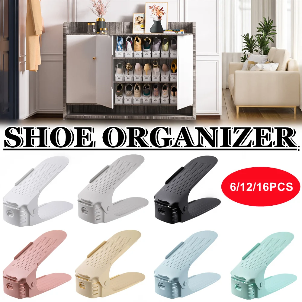 Adjustable Shoe Organizer, 6/12/16 Pcs Shoe Support Rack, Space Saving Shoe-Shelf for Closet, Shoe Storage Shoe Rack for Cabinet