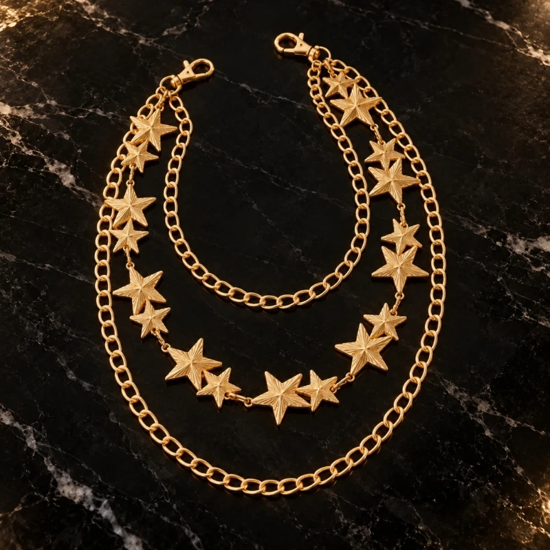 X5XA Star Charm Waist Chain Layered Hanging Metal Link Accents Pants Chain