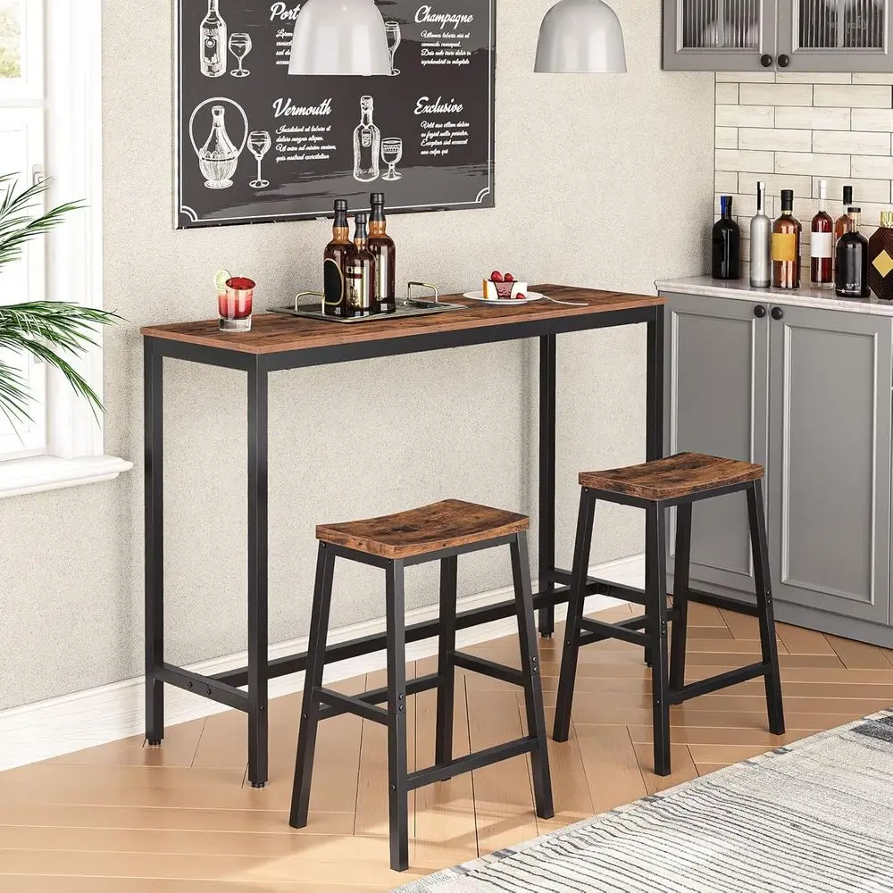 Pair of 23.6 Saddle Bar Stools with Footrests, Rustic Brown & Black, Suitable for Kitchen Counters and Dining Rooms