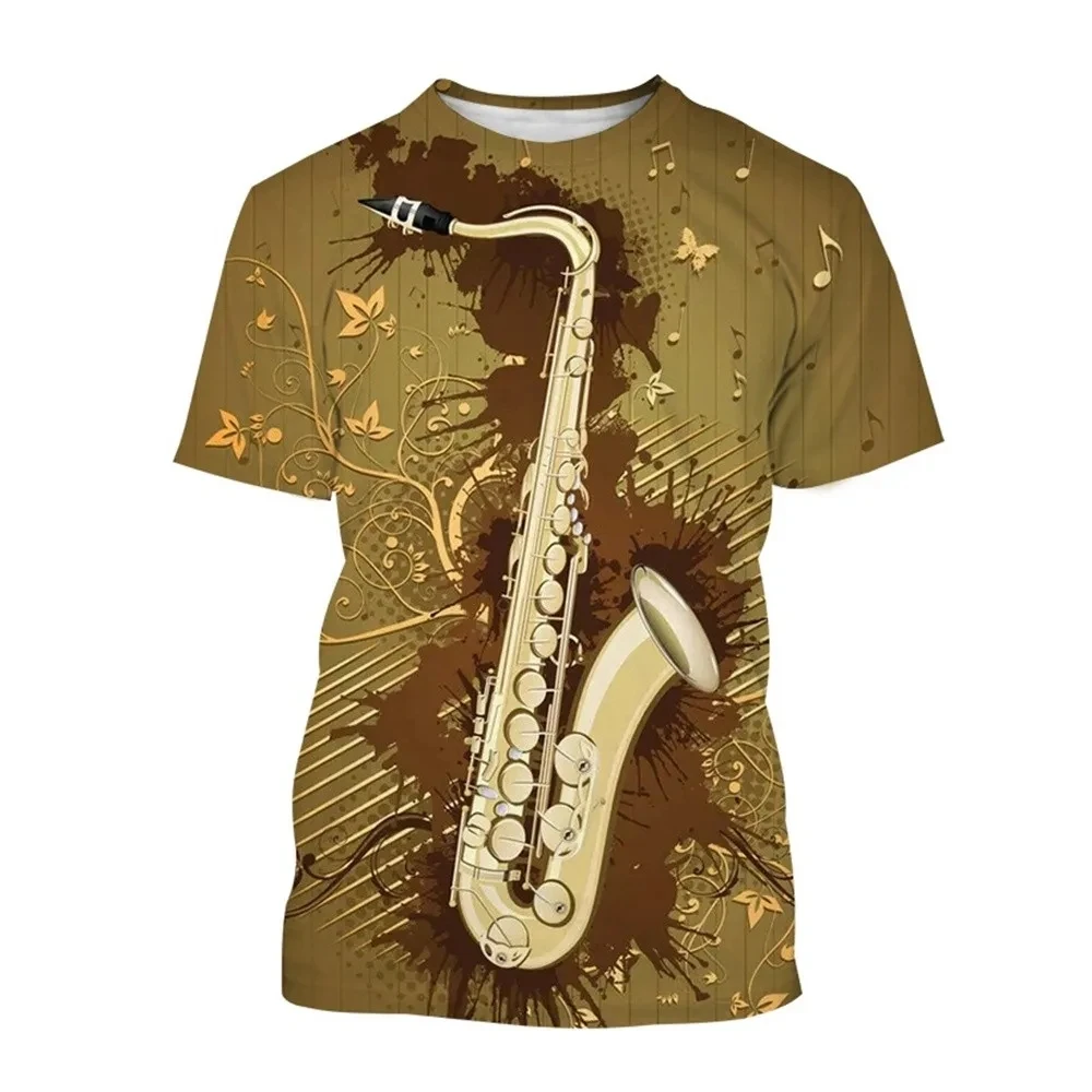 Music Saxophone Print Summer Men's Round Neck T-shirt Casual Short Sleeve Oversized T Shirt Fashion Tee Tops Trend Men Clothing