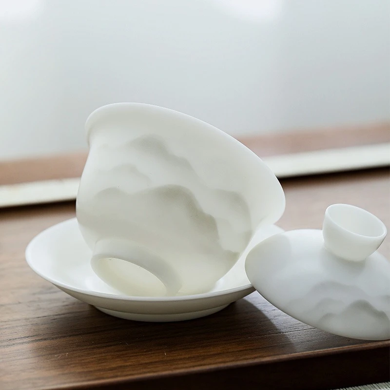 Ink suet jade kung fu tea set household cover bowl tea cup high-end gift set