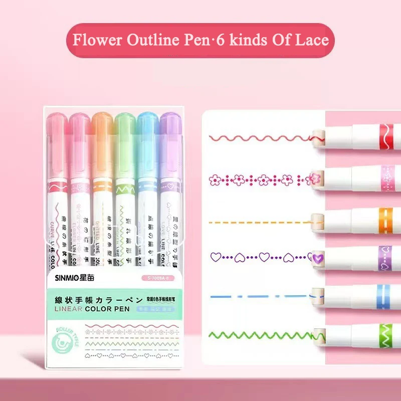 6Pcs/set Kawaii Flowers Line Shaped Highlighter Pens Roller Tip Curve Liner Marker for Writing Journaling Drawing Stationery