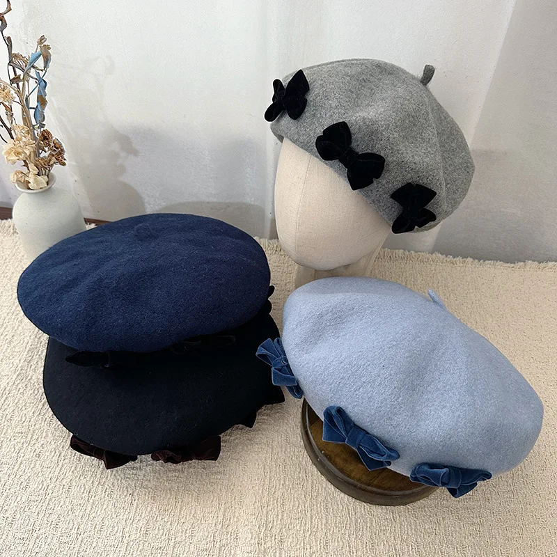 Koreanische Version Wollmischung Süße Baskenmütze für Damen, Herbst- und Winter-Samtschleifendekoration, Elegante Warme Malermütze – Detail 1