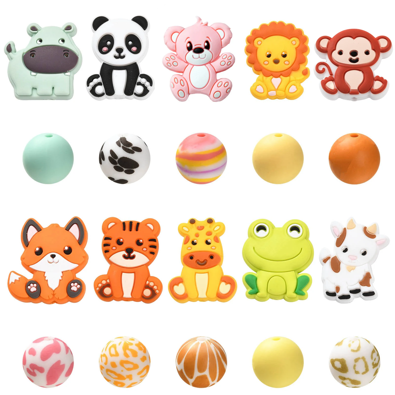 PandaHall 20 Stück Gemischte Stile Zoo-Tier Silikonperlen Frosch Tiger Tierdruckmuster Weiche Lose Perlen für Schmuckherstellung – Detail 2