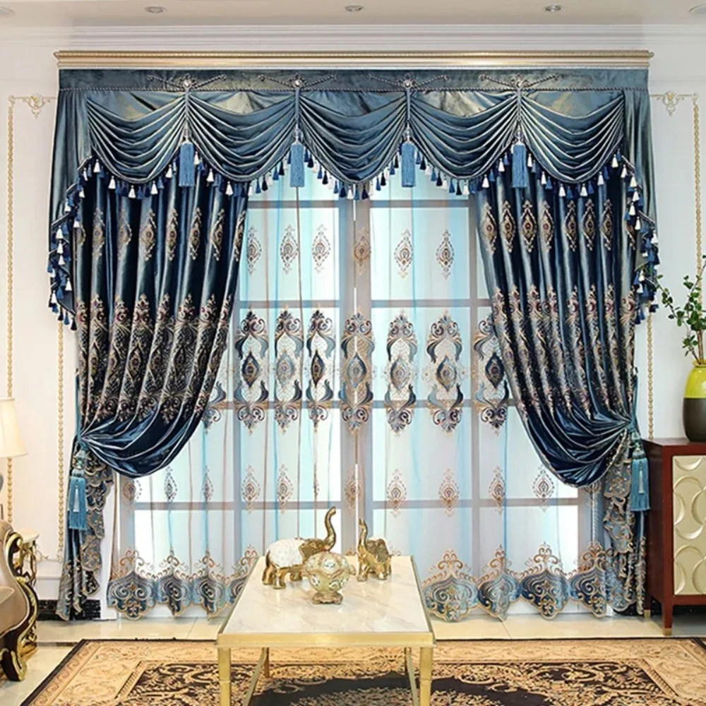 

European Luxury Blue Embroidered Curtains for Living Room Bedroom Custom Window Blackout Decoration Elegant Tulle Fabric