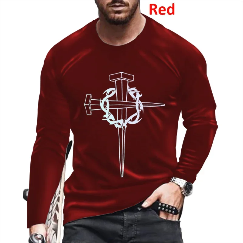 

Fashion Jesus Pattern T-Shirt For Men Cool Cross 3D Printed T Shirts Autumn Casual Oversized Round Neck Tops Tees Long Sleeves