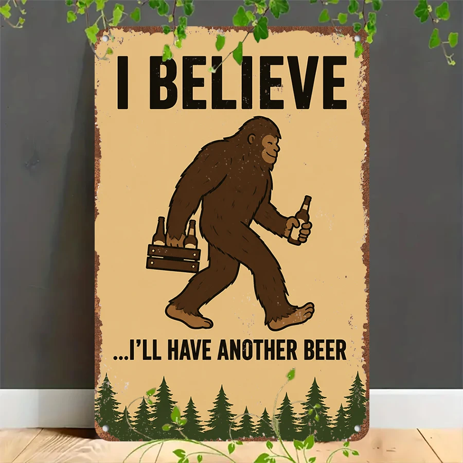 2D flat retro metal tin plate,  Vintage Bigfoot Beer Lover Tin Sign, Suitable for home, garage, café, bar and garden decoration
