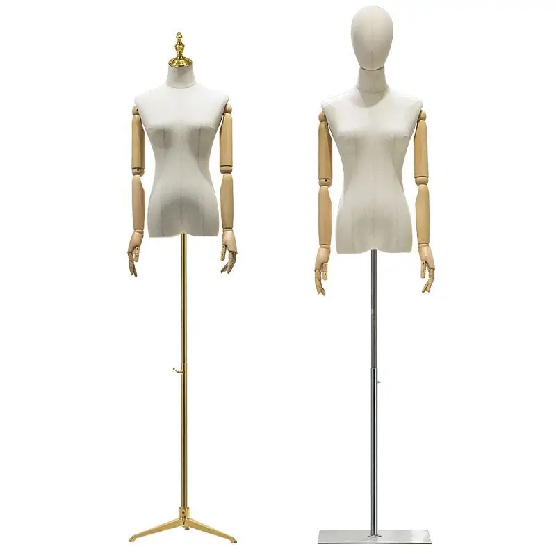 Stoffen hoes Vrouwelijke half-body mannequin Houten arm Metalen basis voor bruiloft Kleding Display Jurk Vorm Verstelbaar rek - afbeelding 2