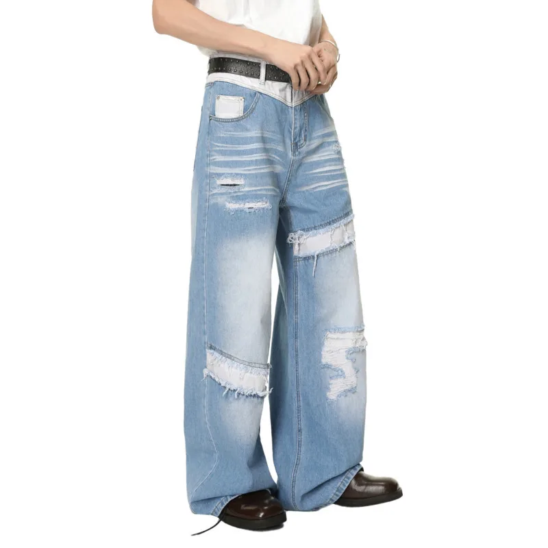 الربيع / الخريف الرجال الموضة الاتجاه المتخصصة الشارع الربط منتصف الخصر شخصية مهترئة خمر الصناعة الثقيلة الجينز المألوف