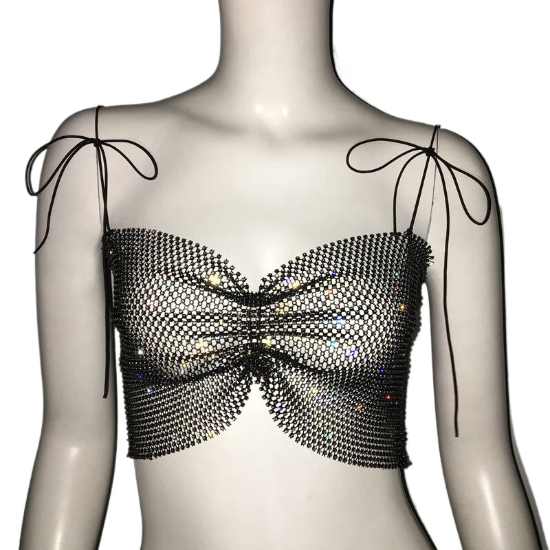 Shiny Crystal Fishnet Rhinestone Cami Top Women Tie‑Up Spaghetti Strap Ruched Hollow Crop Top Night Club Rave Going‑Out Tops – Detail 7