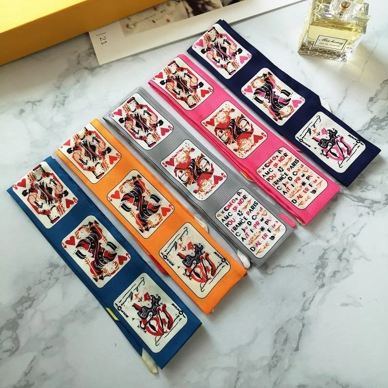 

Four Seasons Present Poker Pattern Twill Scarf Women Hair Accessories European Style Bag Handle Ribbon Decorative Silk Band